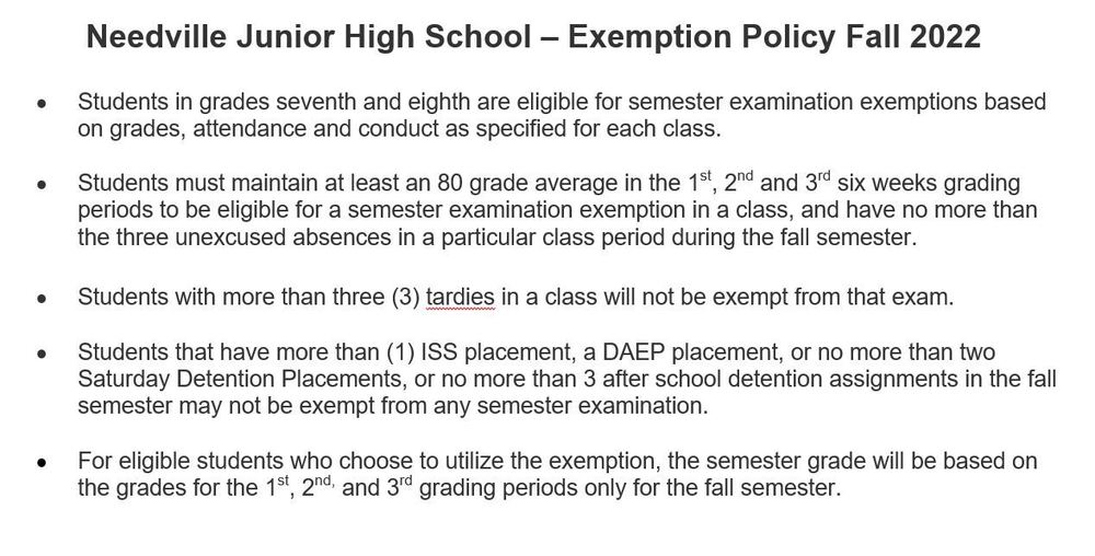 NJH Semester Exam Exemption Policy Fall 20 22